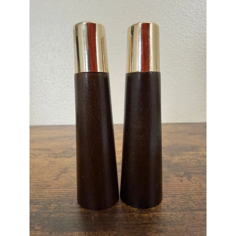Vintage MCM Wood Gold Salt and Pepper Shakers Set Tapered Mid Century Modern